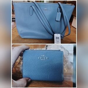 Coach NWT'S Silver Light Mist Blue Color Leather Tote And Wallet Set